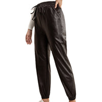Motorcycle Leather Versatile Elastic Waist PU Leather Leather Pants Women