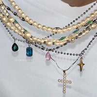 Pearl Titanium Steel Necklace With A Delicate Multi-layer Design