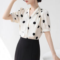 French-style Retro Polka-Dot V-Neck Short-Sleeve Womens Shirt
