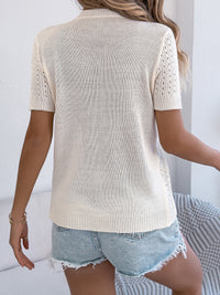 WomenS  Solid Color Hollow Out Button Short Sleeve Knit Top