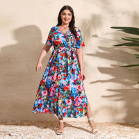 French-style Elegant Plus-size White Ink-wash Floral V-neck Short-sleeve Waist-cinched Maxi Dress