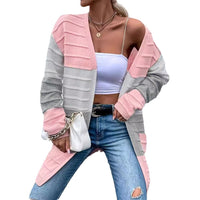 Amazon AliExpress Sweater Women's 2024 Fashion Jacket With Big Pockets Autumn And Winter Long Striped Color Matching Cardigan