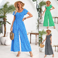 Printed Round Neck Smocking Jumpsuit Women's Clothing