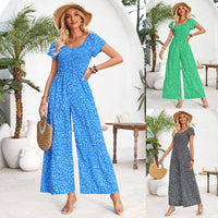 Printed Round Neck Smocking Jumpsuit Women's Clothing
