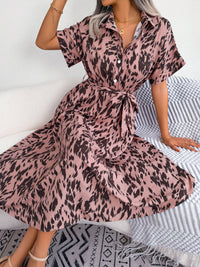 Women's Casual Loose Leopard Print Tie Waist Shirt Dress