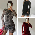 European And American-style Sexy Backless Leopard-print Long-sleeve Dress