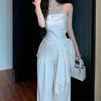 Asymmetrical Strap Cinched Waist Short Sleeveless Tube Top Jumpsuit With Wide-Leg Pants