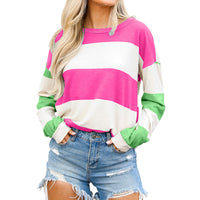 Spring Striped Drop-shoulder Long-sleeve Color Contrast Patchwork Pullover