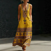 Womens Loose V-Neck Slant-Button Dress