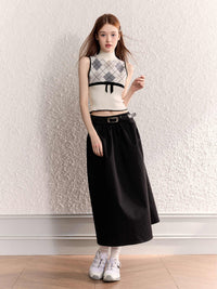 Diamond Plaid Half Collar Top Sleeveless Knitted Vest