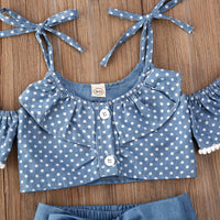 Polka Dot Sling Top Denim Shorts Short Skirt Three-Piece Suit