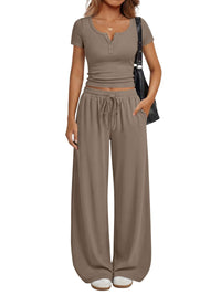 Women's Loungewear Short-Sleeve Top And Wide-Leg Pants Set