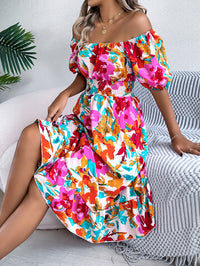 Women's Casual Floral Print Square Neck Short Sleeve Tie Waist Ruffle A-Line Dress