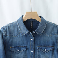 Retro Soft Denim Double-pocket Shirt With Distressed Design