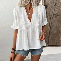 Women's Cut Flower Fur Ball Short-sleeved Lace Shirt
