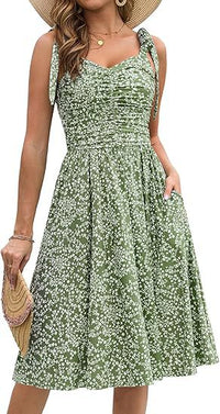 V-Neck Elegant Floral Print Waist-Cinching Lace-Up A-Line Dress Womens Wear