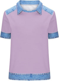 Denim Patchwork Crew Neck Short-sleeve Loose Casual Everyday Versatile