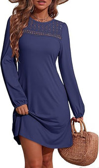 Long-sleeve A-line Solid-color Lace Loose Dress