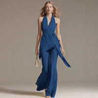 Neck-hanging Backless Belted Sleeveless Wide-leg Suit For Women