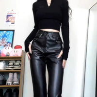 Slimming PU Leather Pants With A High Waist And Floor-length Hem