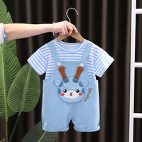 Summer New Boys' And Girls' Striped Round Neck Short Sleeve Suit Animal Suspender Pants Two-piece Suit