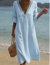 Loose-fitting Solid-color Cotton-Linen Lace V-neck Dress