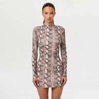 Chic Womens Long-Sleeve Bodycon Snakeskin-Print Sheath Sexy Mini Dress