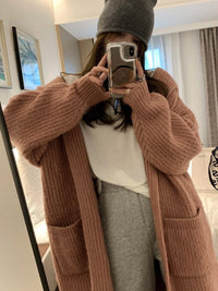 Womens Solid-Color Loose Hooded Sweater Jacket
