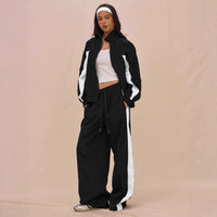 Stylish Womens Striped Zip-Up Jacket And Lace-Up Pants Set