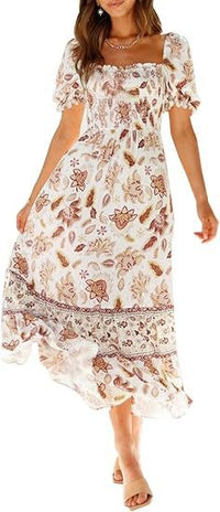Bohemian Floral Square-Neckline Resort Long Dress