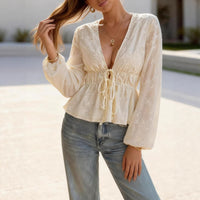 Solid-color Lace-up Waist-defined V-neck Elegant Figure-flattering Puffed-sleeve Top