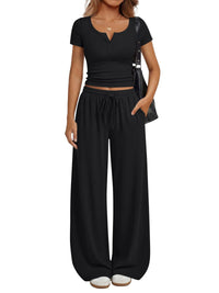 Women's Loungewear Short-Sleeve Top And Wide-Leg Pants Set