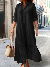 Long Asymmetrical Cotton Linen Dress With A Shirt Collar And Twist Buttons