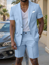 Mens Solid-Colored Gentleman Short-Sleeve Two-Piece Suit