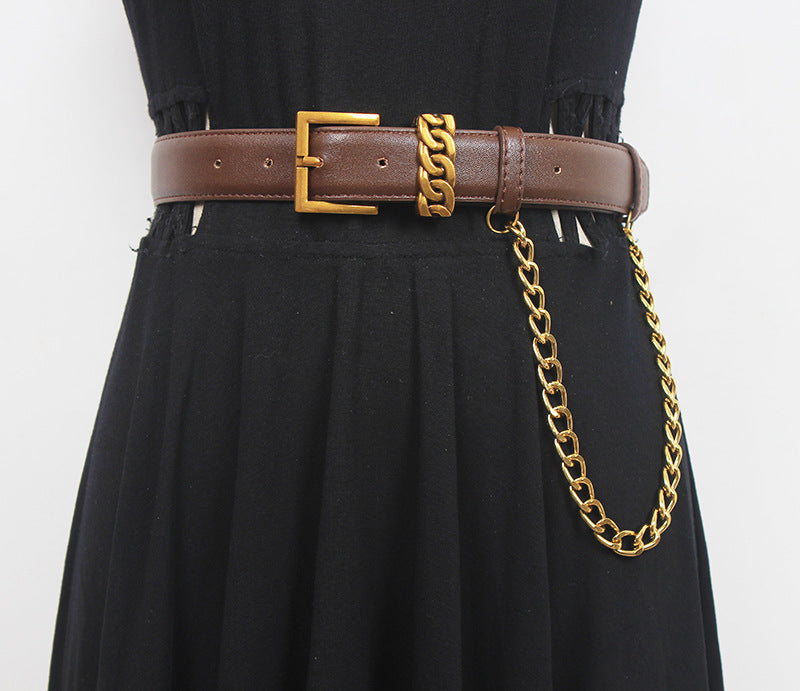 Versatile Ins Style Genuine Leather Gold Mouth Square Head Decorative Waistband