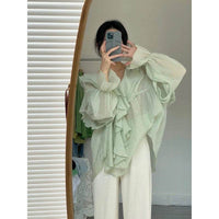 Women's Ruffled V-neck Puff Sleeve Shirt With Fashionable Design