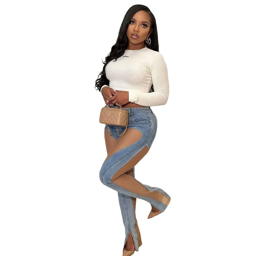 Mesh See-through Split Stretch Slim Fit Hip Raise Jeans