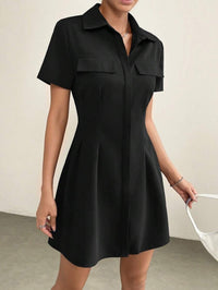 Mid-length Designer-style Pleated Waist-cinched Shirt Dress With A Lapel Collar