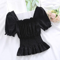 Summer New Design Sense Short Puff Sleeve Chiffon Shirt Women's Short Sleeve Square Collar Top