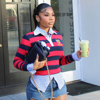 Retro Contrasting Color Embroidered Design Lapel Hoodie Top