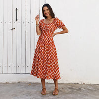Women's Floral Print Square-Neck Lace-Up Dress With Chiffon Ruffles