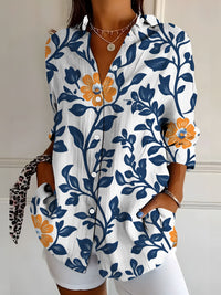 Womens Retro, Elegant Floral Print Long-Sleeve Shirt