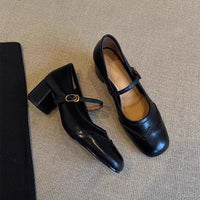 Carved High Heels Female Square Toe Genuine Leather All-match