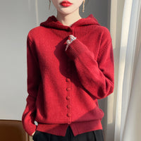 Womens Knitted Sweater Stylish Western Style Solid Color All Match Hooded Knit Cardigan