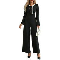 Retro Contrasting Color Waist-Cinched Wide-Leg Long-Sleeve Jumpsuit For Women