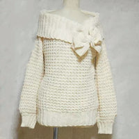 Female Solid Color Sweet Off-the-shoulder Bow Loose Casual Sweater