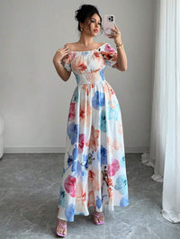 Puff-sleeve High-waist Cinched-waist Printed Maxi Slip Dress For Women