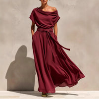 Short-sleeve Pleated Chiffon Waist-cinching Dress
