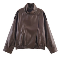 Womens Stylish Stand-up Collar Faux Leather Jacket