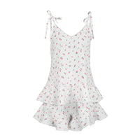Womens Strapped Printed Shorts With Ruffle Trim Pajama Set 2 Pieces